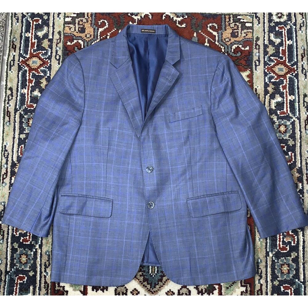 Marzoni L&K Tailors Hand Made Men's Bespoke Gray & Blue Plaid Wool Blazer Italy‎